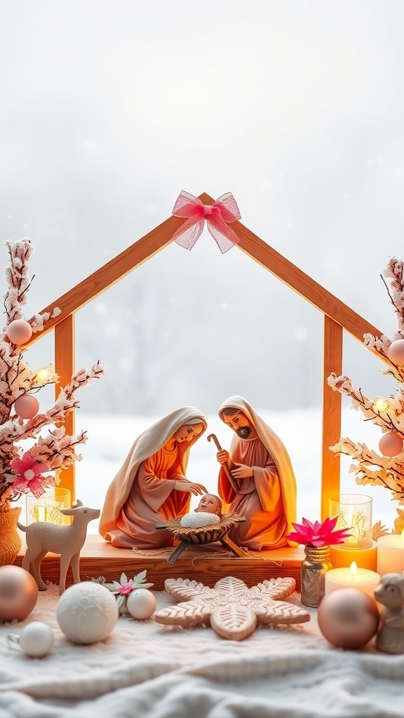 Inspirational Christmas Quotes about Jesus A nativity scene with baby Jesus, Mary, and Joseph in a serene winter landscape with soft pink decorations.